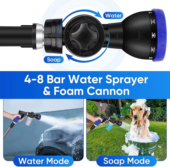 Pet Bathing Sprayer Kit Metal Multi-Function 10 Spray Patterns Adjustable Hose 4.8 Bars Foam Blaster 1/2"