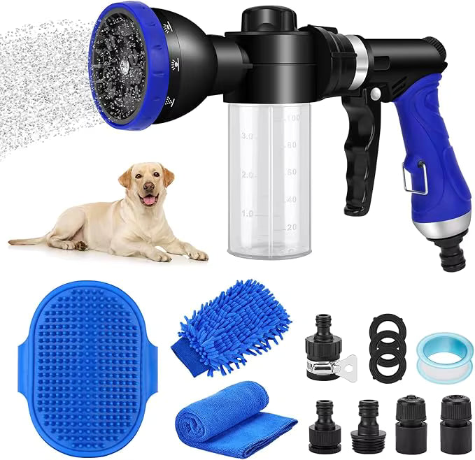 Pet Bathing Sprayer Kit Metal Multi-Function 10 Spray Patterns Adjustable Hose 4.8 Bars Foam Blaster 1/2"