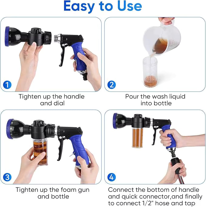 Pet Bathing Sprayer Kit Metal Multi-Function 10 Spray Patterns Adjustable Hose 4.8 Bars Foam Blaster 1/2"