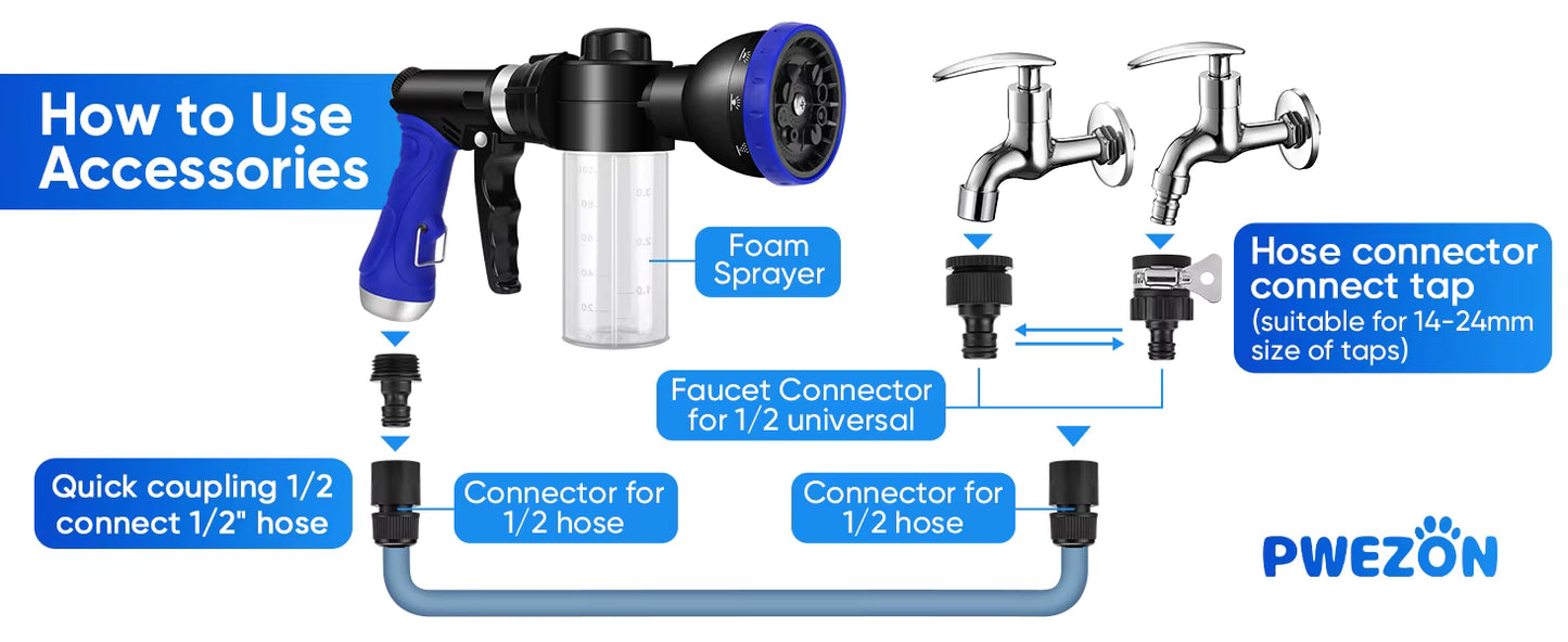 Pet Bathing Sprayer Kit Metal Multi-Function 10 Spray Patterns Adjustable Hose 4.8 Bars Foam Blaster 1/2"