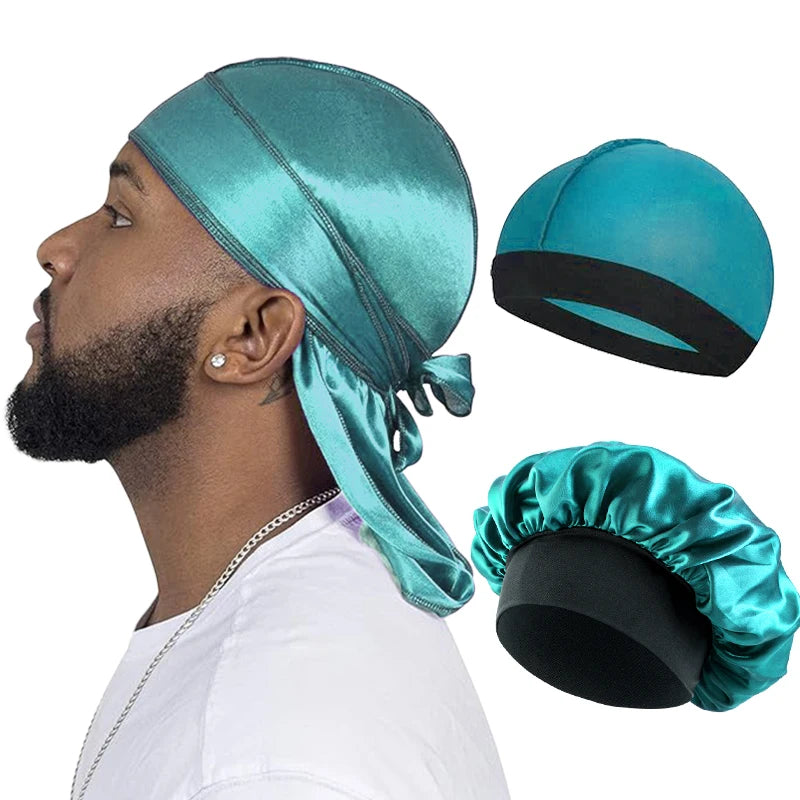 3PC Unisex Silky Durag Long Tail, Headband Turban Dome Wave Cap, Elastic Band Satin Bonnet