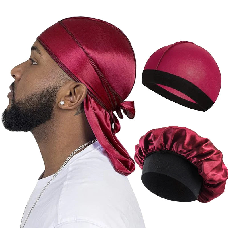 3PC Unisex Silky Durag Long Tail, Headband Turban Dome Wave Cap, Elastic Band Satin Bonnet