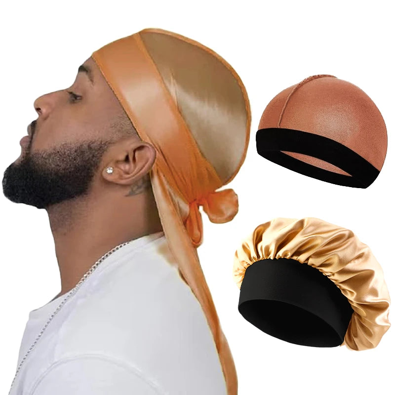 3PC Unisex Silky Durag Long Tail, Headband Turban Dome Wave Cap, Elastic Band Satin Bonnet