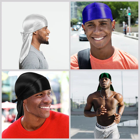 3PC Unisex Silky Durag Long Tail, Headband Turban Dome Wave Cap, Elastic Band Satin Bonnet