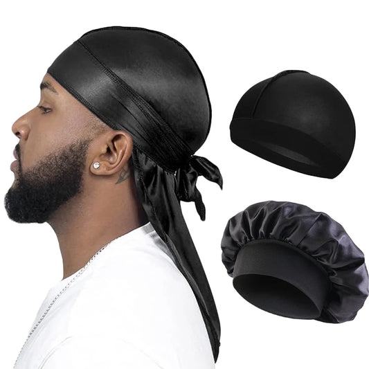 3PC Unisex Silky Durag Long Tail, Headband Turban Dome Wave Cap, Elastic Band Satin Bonnet
