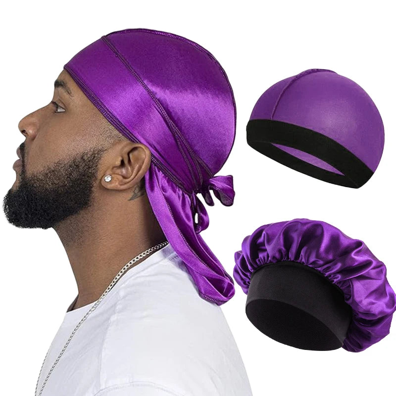 3PC Unisex Silky Durag Long Tail, Headband Turban Dome Wave Cap, Elastic Band Satin Bonnet