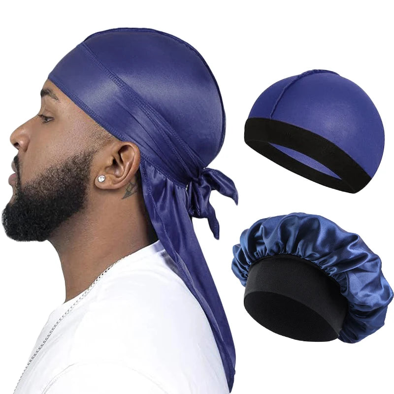 3PC Unisex Silky Durag Long Tail, Headband Turban Dome Wave Cap, Elastic Band Satin Bonnet