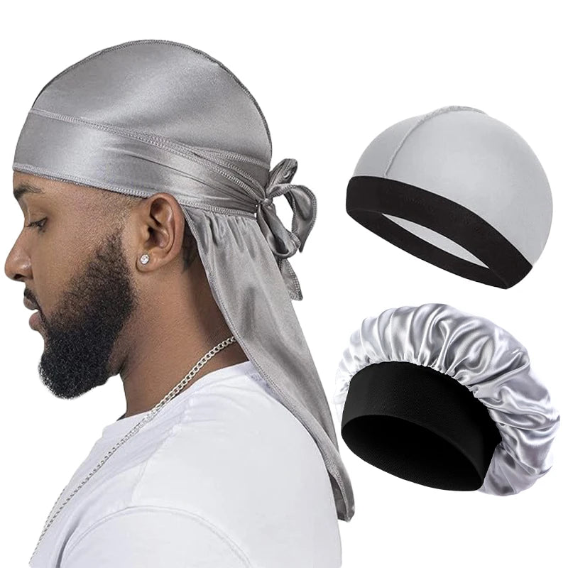 3PC Unisex Silky Durag Long Tail, Headband Turban Dome Wave Cap, Elastic Band Satin Bonnet